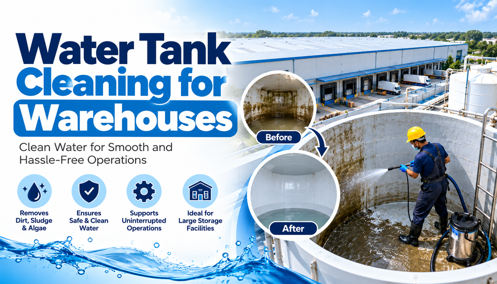 Water tank cleaning for warehouses